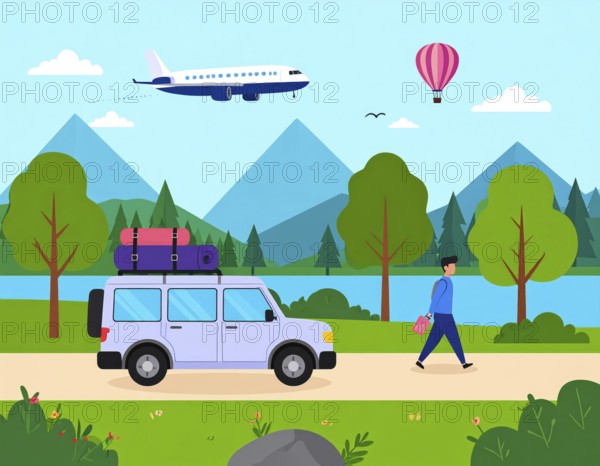 Traveling and hiking in mountain landscape, abstract vector illustration, AI generated image