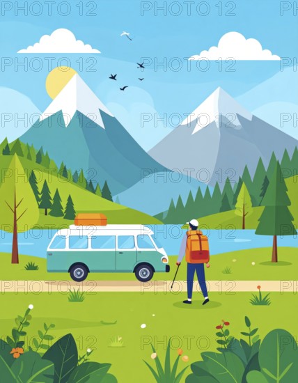 Traveling and hiking in mountain landscape, abstract vector illustration, AI generated image