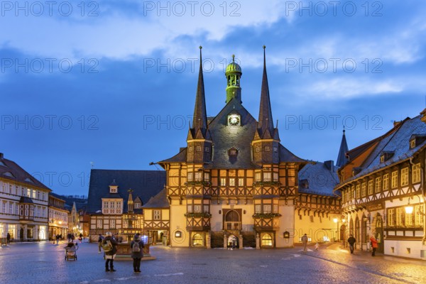 The town hall and market square in Wernigerode at dusk, Saxony-Anhalt, Germany
