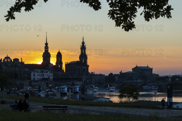 Old Town of Dresden at sunset, Cathedral Sanctissimae Trinita, Court of Appeal, Residential Palace, Semper Opera, Augustus Bridge, Elbe, Dresden, Saxony, Germany