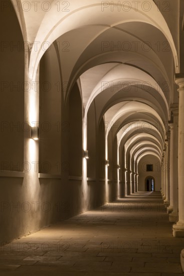 Pillars and archway in the stable courtyard, artificial light, Residenzschloss, Neustadt, Dresden, Saxony, Germany