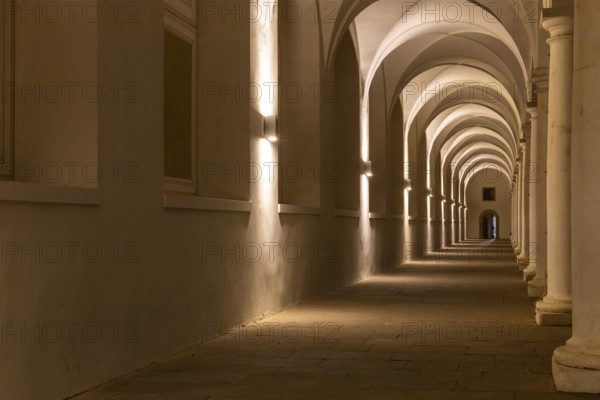 Pillars and archway in the stable courtyard, artificial light, Residenzschloss, Neustadt, Dresden, Saxony, Germany