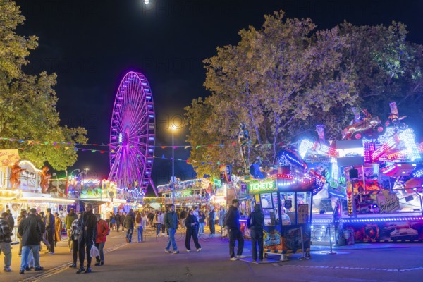 Lively night shot with illuminated Ferris wheel and colourful festival stands, Cannstatter Wasen folk festival, Stuttgart, Germany