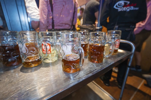 Row of beer mugs on a long wooden table at a festive event with people in the background, Cannstatter Wasen folk festival, Stuttgart, Germany