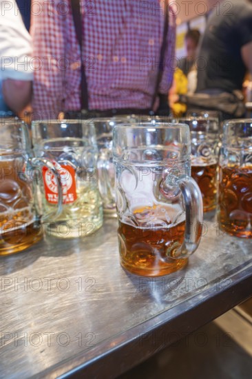 Large glass mugs of beer on a wooden table surface in a lively festival setting, Cannstatter Wasen folk festival, Stuttgart, Germany