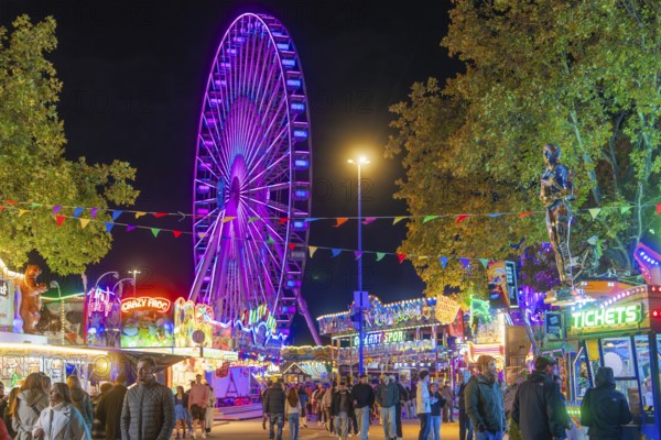 Lively scenery with colourful lights and a large Ferris wheel, Cannstatter Wasen folk festival, Stuttgart, Germany