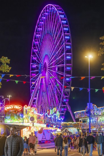 A large, colourfully illuminated Ferris wheel dominates the night-time scenery of a lively fairground, Cannstatter Wasen funfair, Stuttgart, Germany