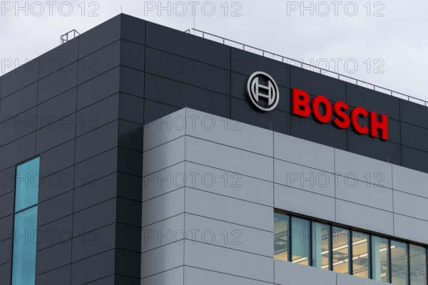 Modern building with Bosch logo, grey-blue architecture and large windows, Waiblingen, Baden-Württemberg, Germany