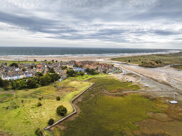 Alnmouth and River Aln Estuary from drone, Alnwick, Northumberland, England, United Kingdom