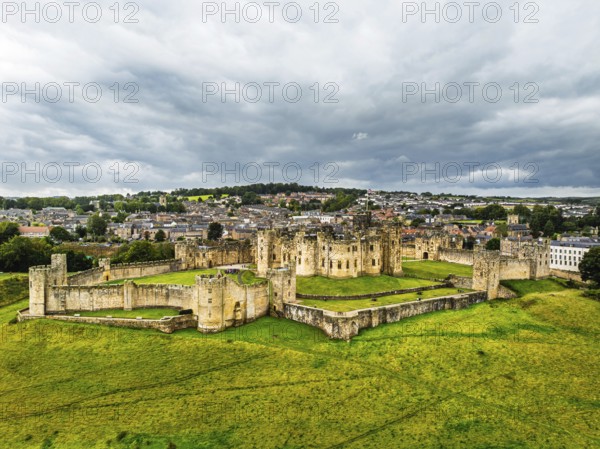 Alnwick Castle from a drone, Alnwick, Northumberland, England, United Kingdom