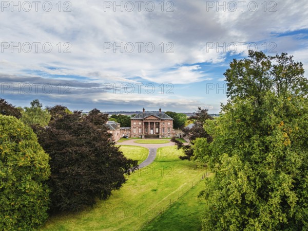 Paxton House over River Tweed from a drone, Paxton, Berwick-upon-Tweed, Berwickshire, Scotland, UK