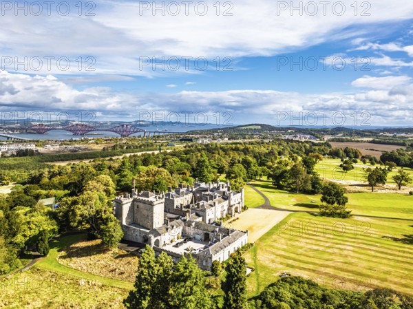 Dundas Castle over South Queensferry from a drone, Edinburgh, Scotland, UK