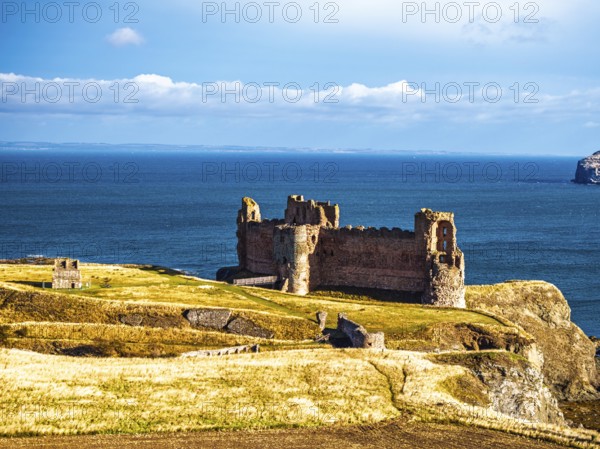 Ruins of Tantallon Castle from a drone, North Berwick, East Lothian, Scotland, UK