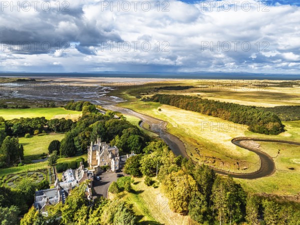 Luffness Castle from a drone, Aberlady, East Lothian, Scotland, UK