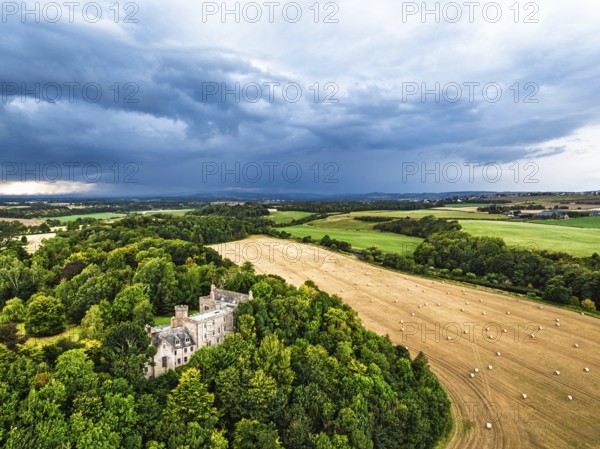 Hutton Castle from a drone, Whiteadder Water, Chirnside, Scottish Borders, UK