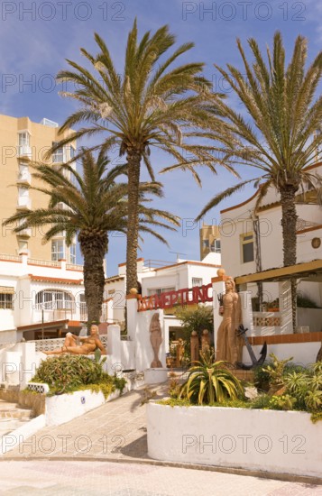 Restaurant, sculptures, Playa Arenal, Mediterranean Sea, bay, sight, Calpe, Valencia, Spain