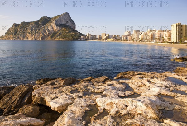 Rock, Playa La Fossa-Levante, rock, Penon de Ifach, landmark, coast, city skyline, skyscrapers, hotels, Mediterranean, bay, skyline, Calpe, Costa Blanca, Spain