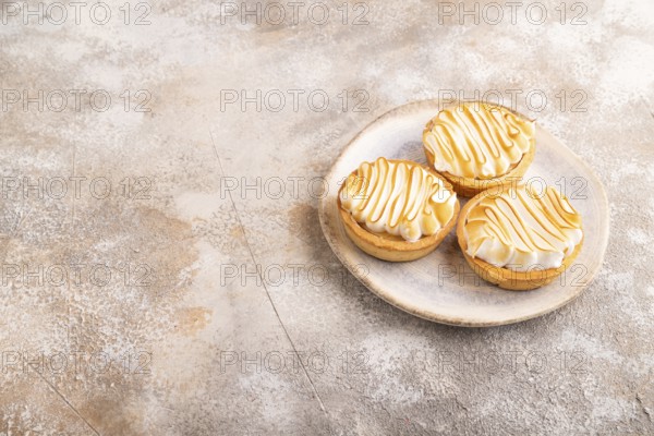 French lemon tart with meringue on brown concrete background, side view, copy space