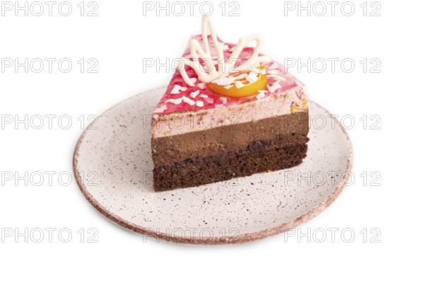 Chocolate cake isolated on white background, side view, close up