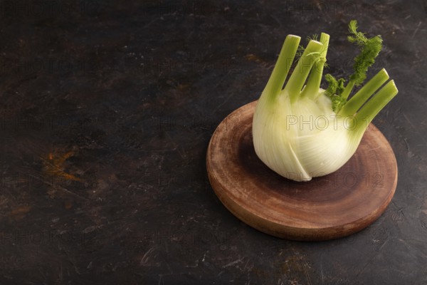 Fresh Fennel bulb on wooden cutting board on black concrete background, side view, copy space, minimalism