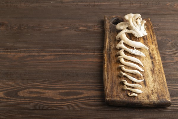 Raw Oyster mushroom, Pleurotus ostreatus on cutting board on brown wooden background. Side view, copy space, minimalism