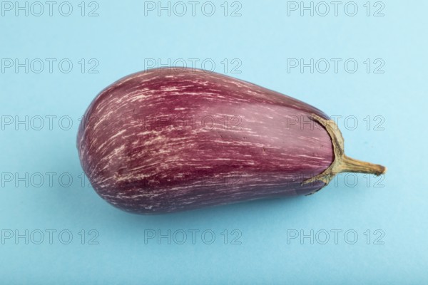 Purple eggplant with white stripes on blue pastel background. Side view, close up. Tropical, healthy food, vegetable, minimalism
