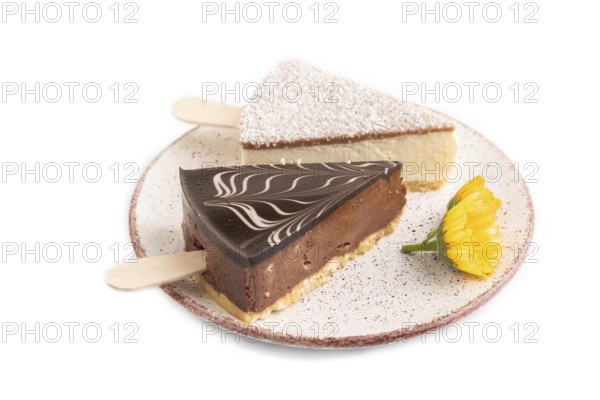 Chocolate and Vanilla Cake pops Marshmallow isolated on white background. side view, close up