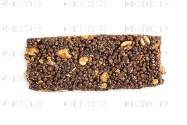 Granola bar with chocolate, caramel, nuts, flakes isolated on white background. Top view, flat lay, close up