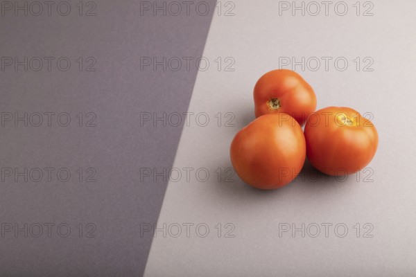 Red tomato on black and gray pastel paper background. Side view, copy space. healthy food, vegetable, minimalism