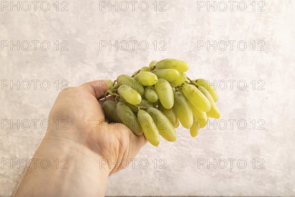 Green grapes on gray concrete background. Side view, copy space. healthy food, minimalism