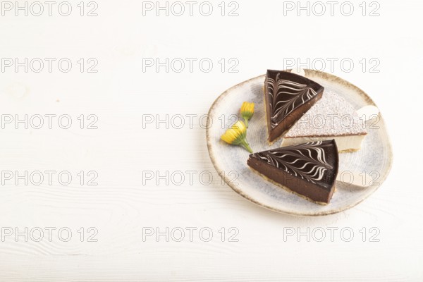 Chocolate and Vanilla Cake pops Marshmallow on white wooden background. side view, copy space