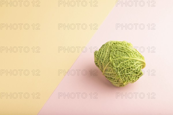 Green lettuce on pink and orange pastel paper background. Side view, copy space. healthy food, vegetable, minimalism