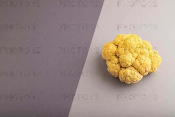 Yellow Cauliflower on black and gray pastel paper background. Side view, copy space. healthy food, vegetable, minimalism