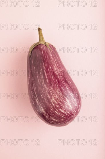 Purple eggplant with white stripes on pink pastel background. Top view, flat lay, copy space. Tropical, healthy food, vegetable, minimalism