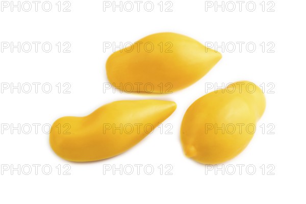 Yellow tomatoes isolated on white background. Side view, copy space. healthy food, vegetable, minimalism