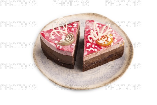 Chocolate cake isolated on white background, side view, close up