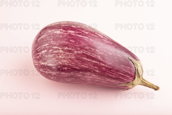 Purple eggplant with white stripes on pink pastel background. Side view, copy space. Tropical, healthy food, vegetable, minimalism