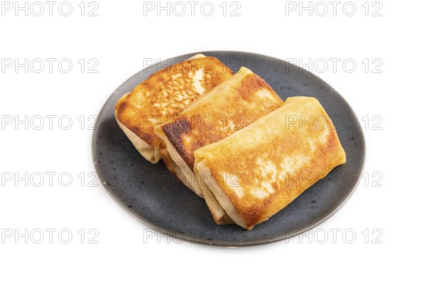 Fried crispy pancakes with meat and cheese isolated on white background. top view, flat lay, copy space