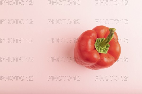 Red pepper on pink pastel background. Top view, flat lay, copy space. healthy food, vegetable, minimalism