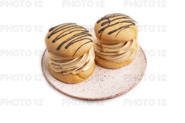 Caramel Cream Cakes isolated on white background, side view, close up