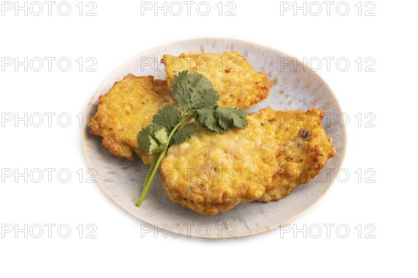 Fried crispy Chicken pancakes isolated on white background. side view, close up