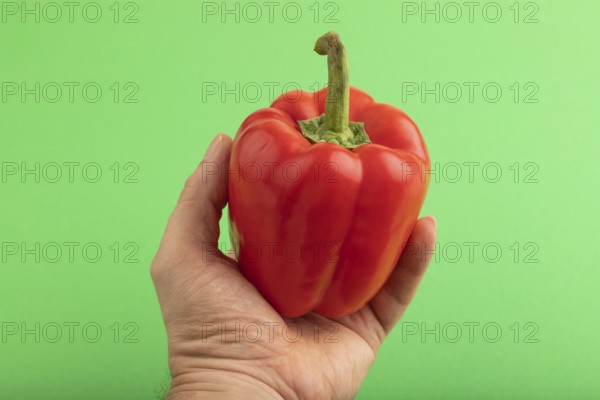 Hand holding Red pepper on green pastel background. Side view, copy space. healthy food, vegetable, minimalism