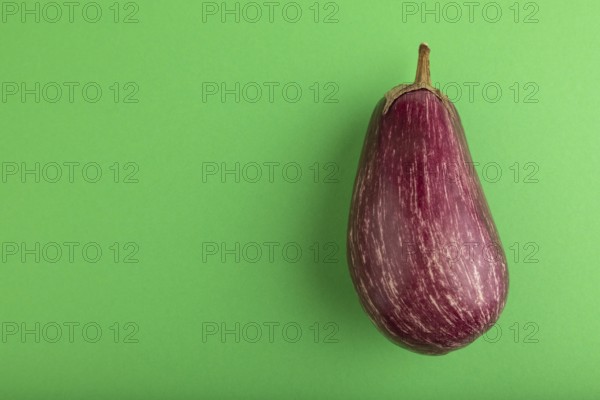 Purple eggplant with white stripes on green pastel background. Top view, flat lay, copy space. Tropical, healthy food, vegetable, minimalism
