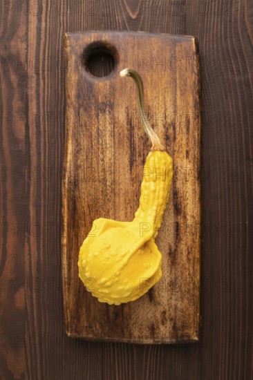 Decorative orange Pumpkin on cutting board on brown wooden background, top view, flat lay, close up, minimalism