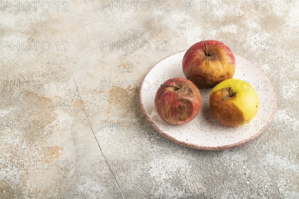 Decaying, Rotting apples on ceramic plate on brown concrete background. Side view, copy space, minimalism