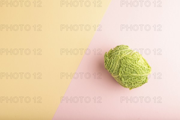 Green lettuce on pink and orange pastel paper background. Top view, copy space, flat lay. healthy food, vegetable, minimalism