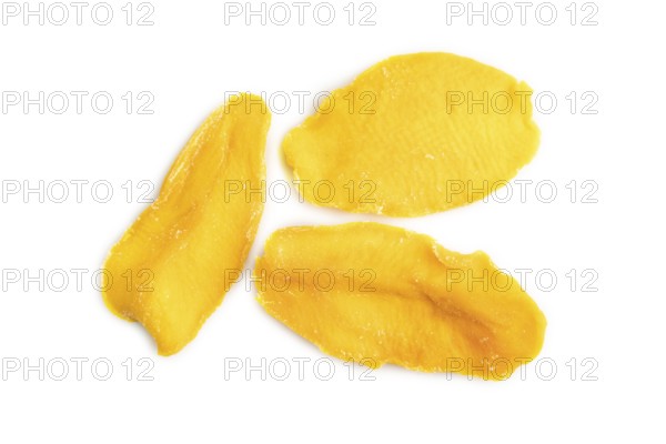 Dried Mango isolated on white background. Top view, close up, flat lay. healthy food, minimalism