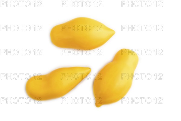 Yellow tomatoes isolated on white background. Top view, copy space, flat lay. healthy food, vegetable, minimalism