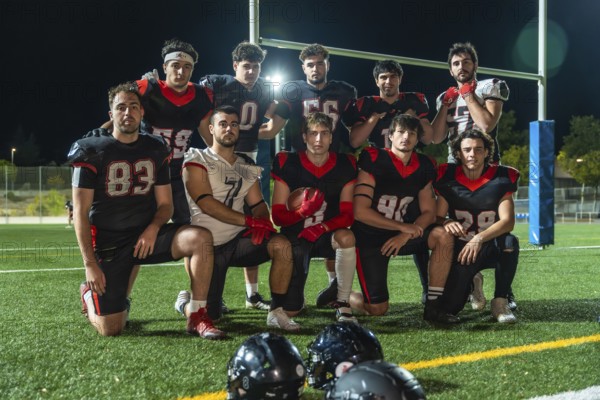 American football team in uniforms posing on illuminated turf at night, holding a ball and celebrating teamwork, focus and athletic determination before the game