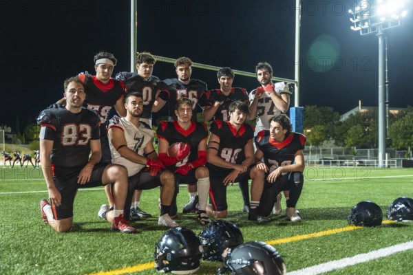 American football players in black and red uniforms posing for a group portrait on a stadium field at night, celebrating teamwork and competitive spirit under bright lights